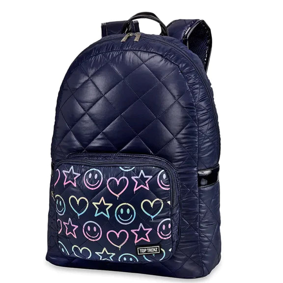 Navy Diamond Stitch Puffer Backpack w/ Smiley Pocket