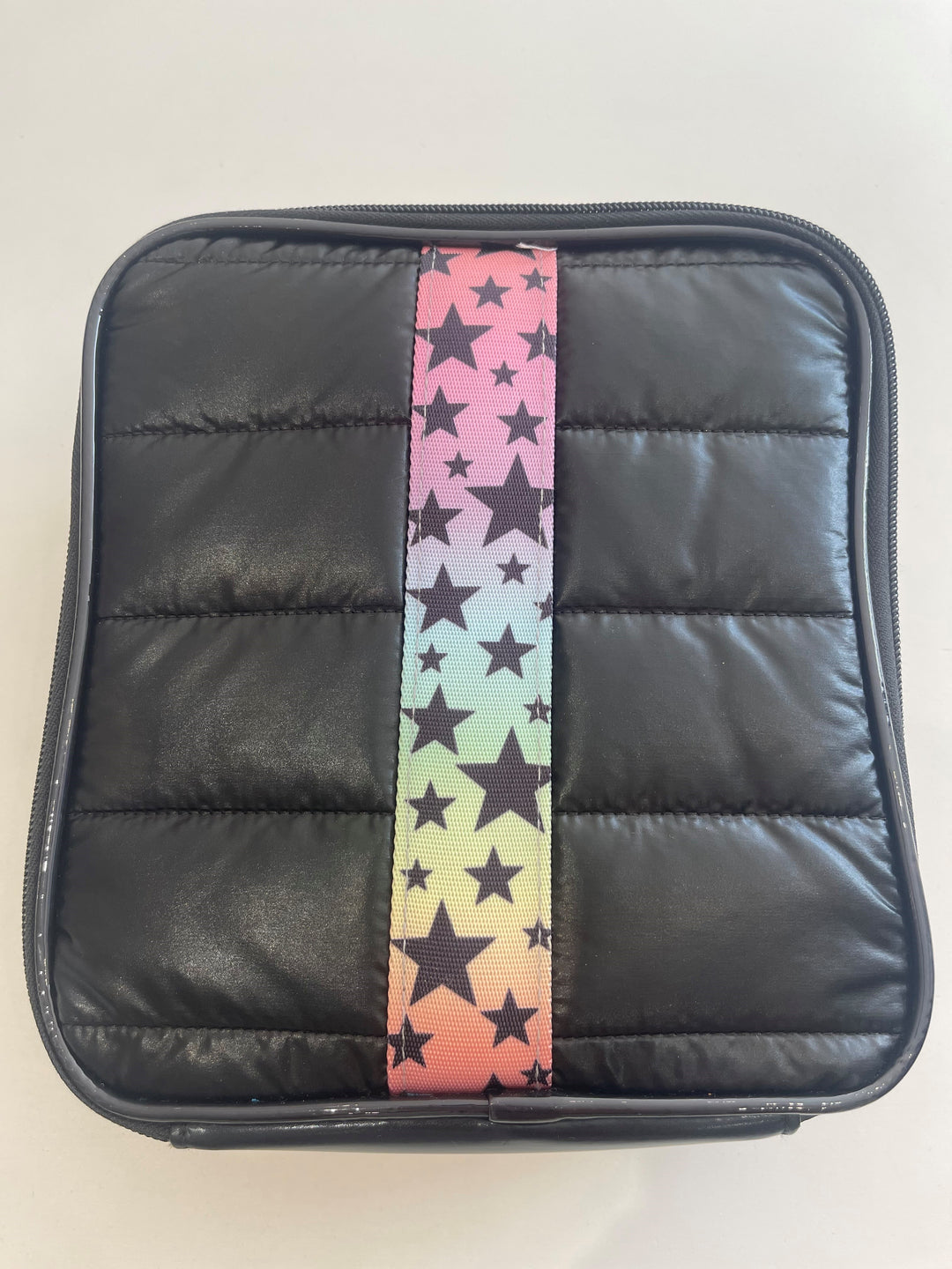 Black Metallic Puffer with Rainbow Strap with Stars Insulated Lunch Box
