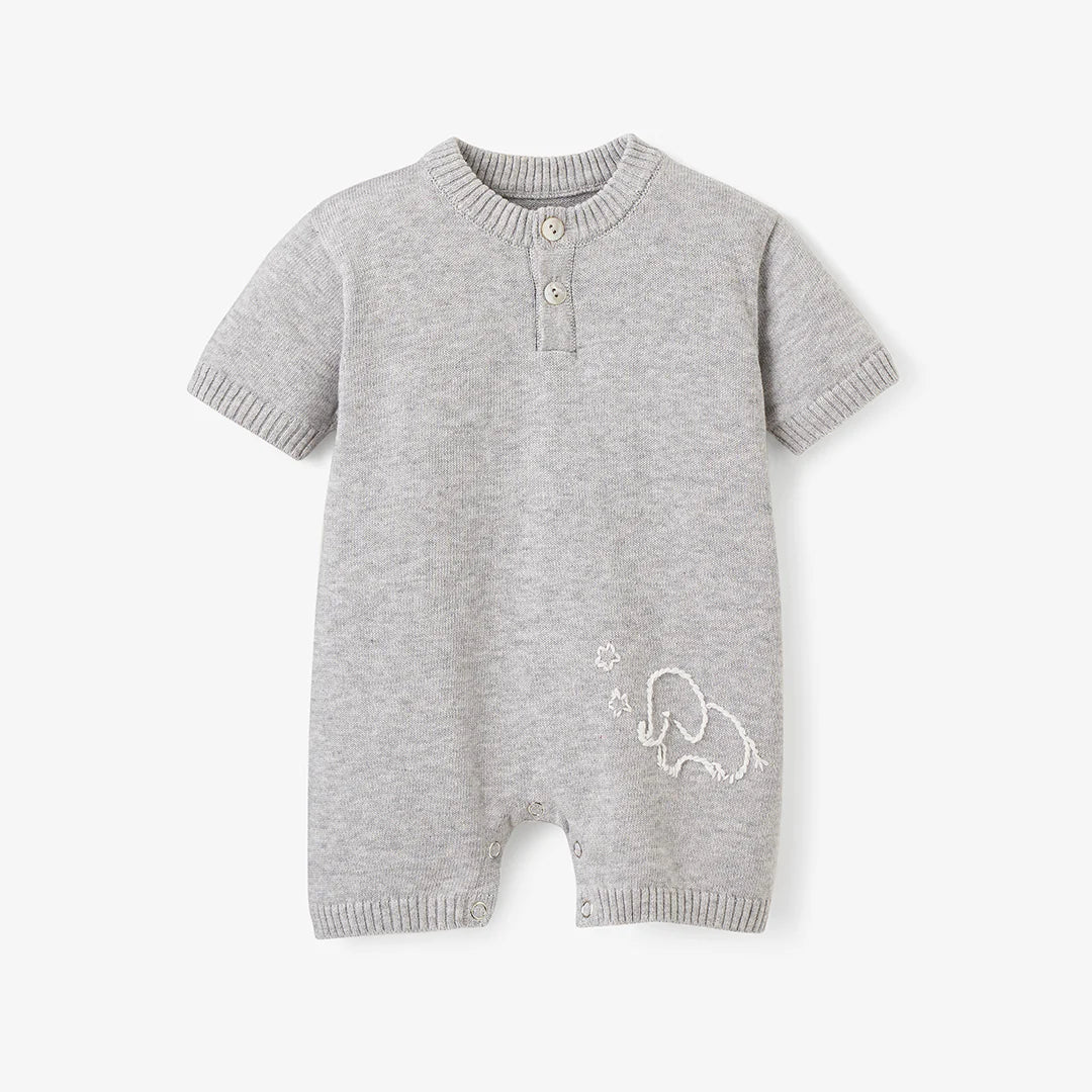 Elephant Knit Shortall Baby Romper, Gray – Stitching Around 