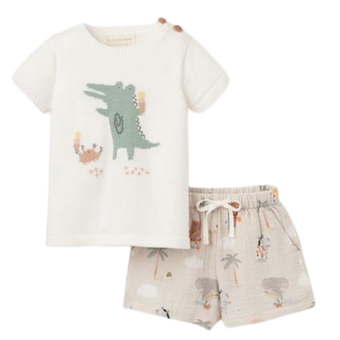 Alligator Knit Pullover + Seaside Safari Organic Muslin Short Set by Elegant Baby