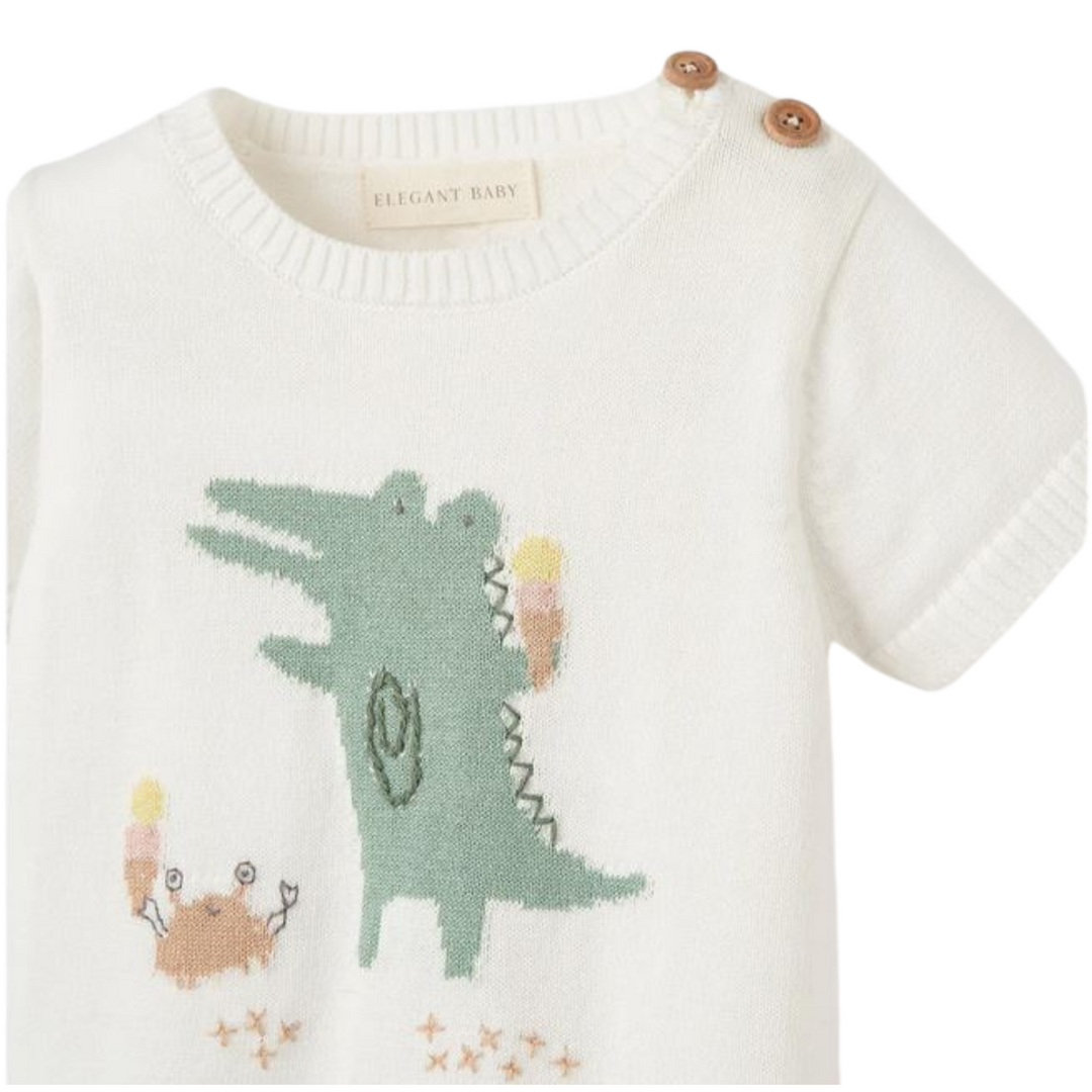 Alligator Knit Pullover + Seaside Safari Organic Muslin Short Set by Elegant Baby