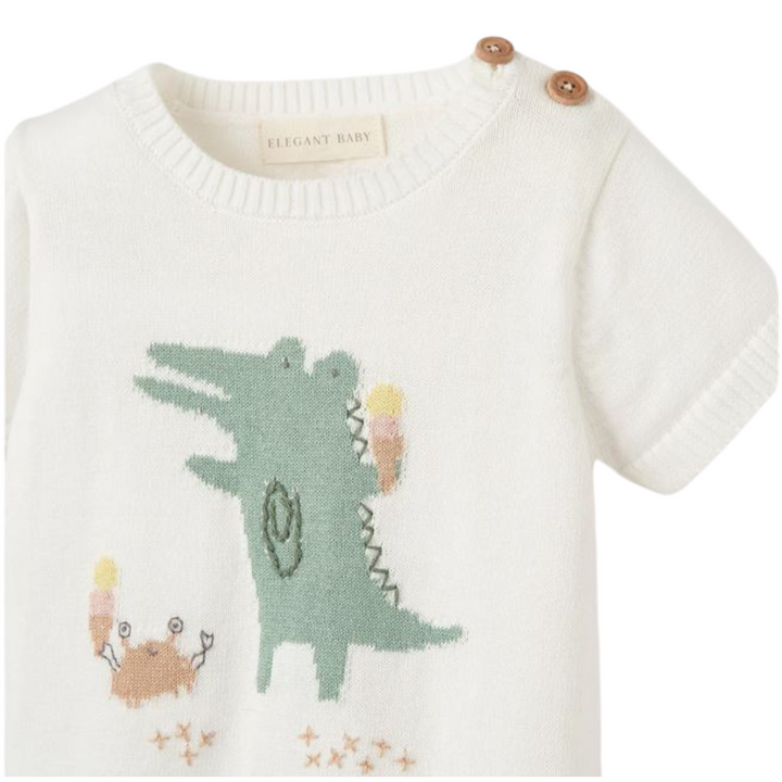 Alligator Knit Pullover + Seaside Safari Organic Muslin Short Set by Elegant Baby