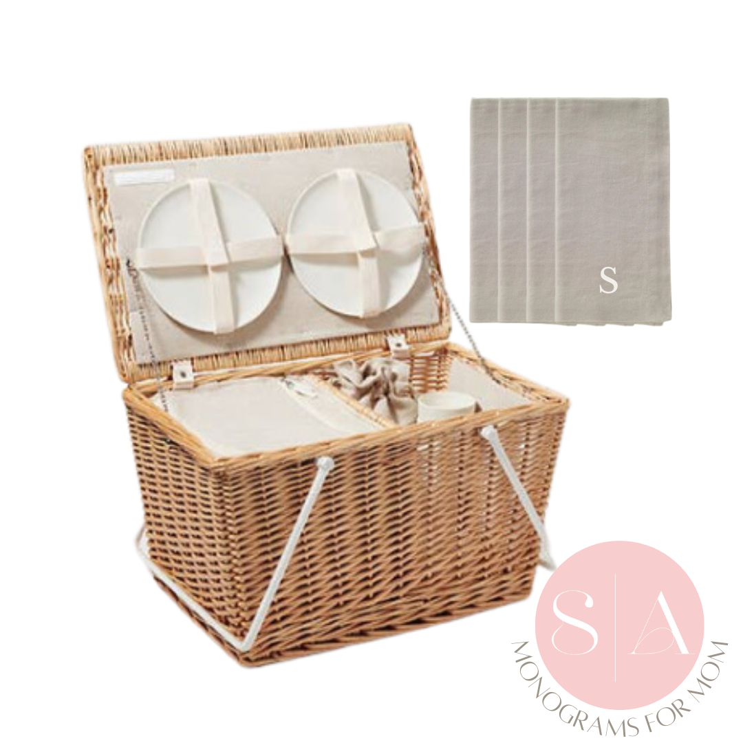Deluxe Insulated Picnic Basket Gift Set with Cutlery & Napkins Monograms for Moms Collection