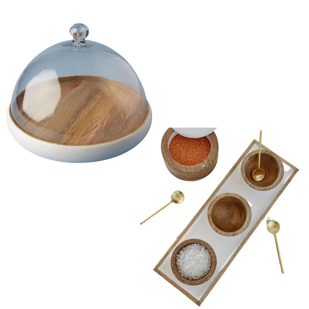 Beautiful Hand-crafted Wood Cloche & 3-Dip Serving Set