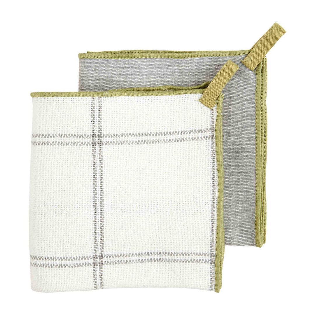 Grey Dish Towels with green satin stitch trim
