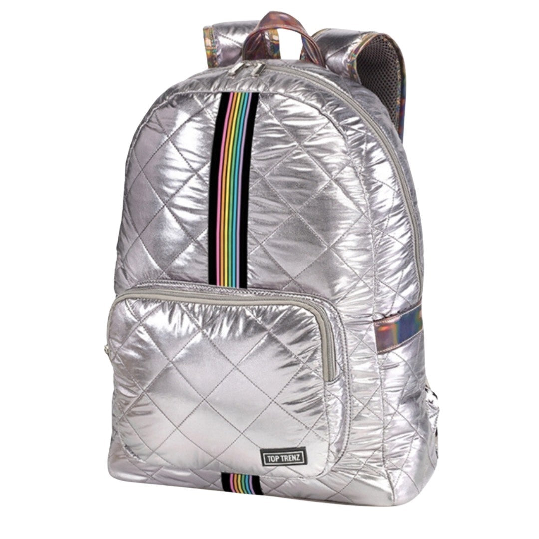 Gunmetal Diamond Stitch Backpack w/ Rainbow Track Straps