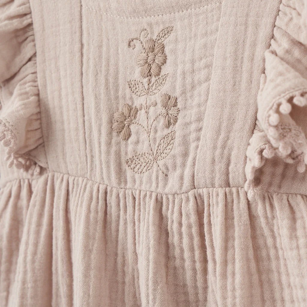 Embroidered Organic Muslin Bubble Romper Taupe by Elegant Baby