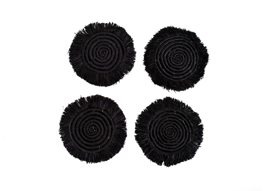 Black Fringed Raffia Drink Coasters, Set of 4 by Kazi