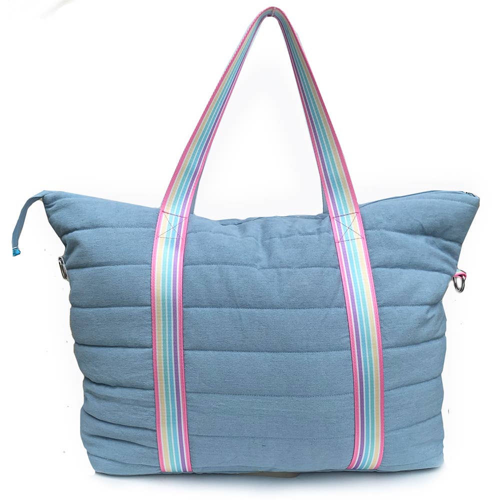 Denim Puffer Tote w/Candy Stripe Strap