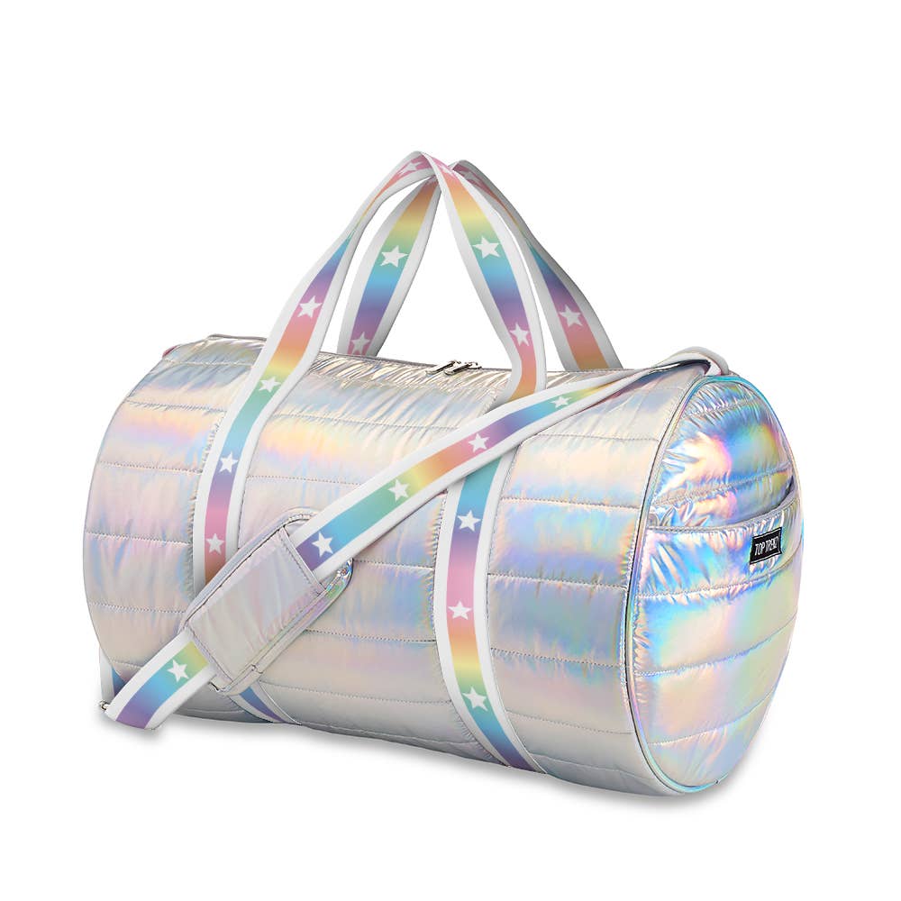 Iridescent Puffer Duffle Bag White Gradient Star Straps