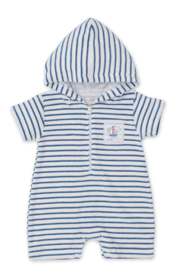 Kissy Kissy Blue Boats At Sea Stripe Terry Romper