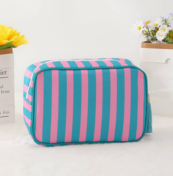 Color-Blocked Striped Pouch Bow Tassel Zipper Makeup Bag