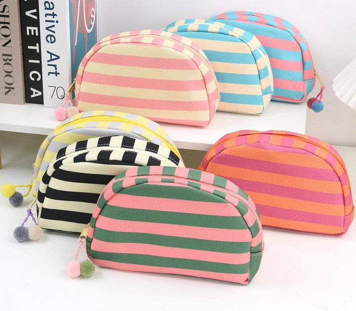 Pom Pom Zipper Pouch Color-block Striped Makeup Bag