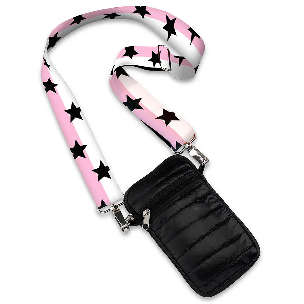 Black Puffer Cell Phone Bag w/ Pink/White Split Star Strap  by Top Trenz