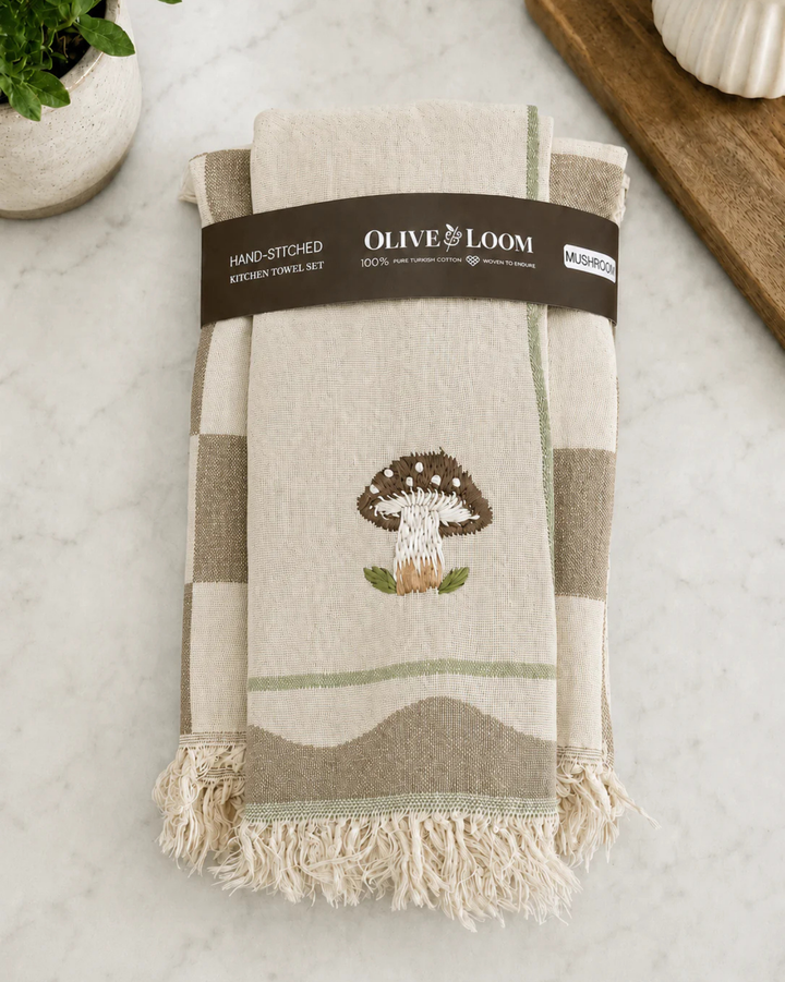 Mushroom Hand-Stitched Towel Set