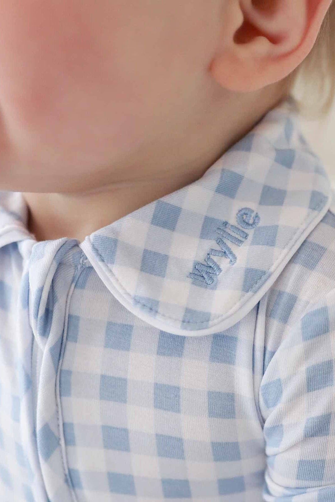 Peter Pan Collar Zipper Footie | Dusty Blue Gingham: