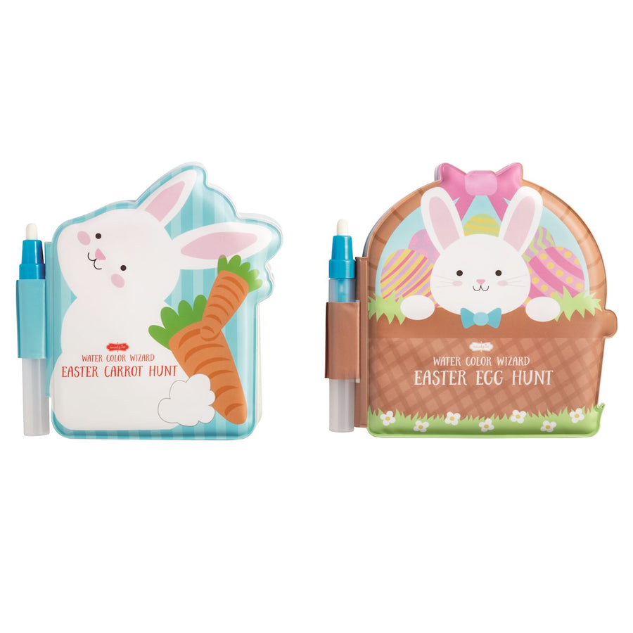 Two Easter-themed watercolor books with rabbit designs on a white background