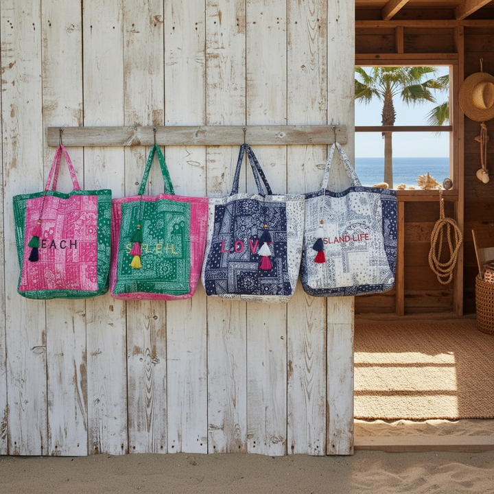 Saline Beach Tote Patchwork Bandana Green Pink "Soleil"
