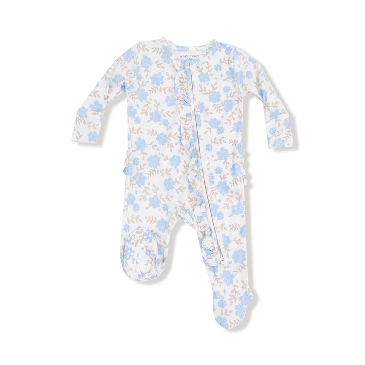 Baby Blue Floral - 2 Way Ruffle Zipper Footie
