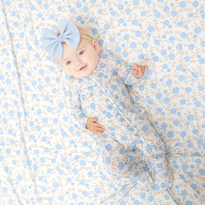 Baby Blue Floral - 2 Way Ruffle Zipper Footie