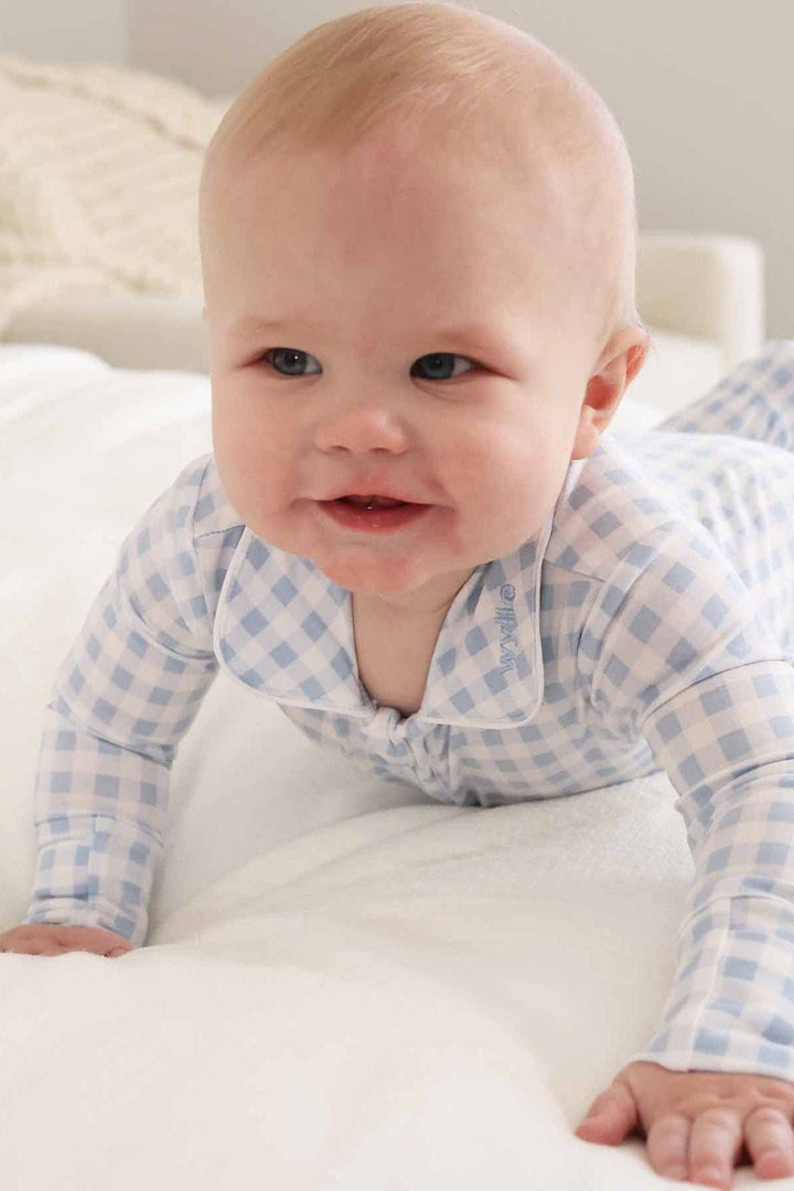 Peter Pan Collar Zipper Footie|Dusty Blue Gingham:6-12 months