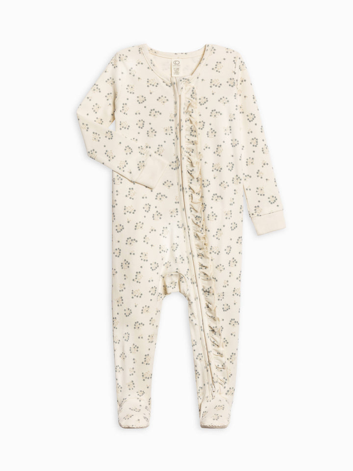 Neve Ruffle Zipper Footie: Hayden / Denim + Mist