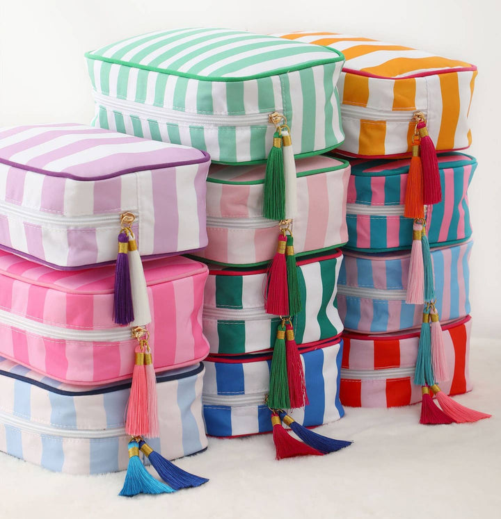 Color-Blocked Striped Pouch Bow Tassel Zipper Makeup Bag