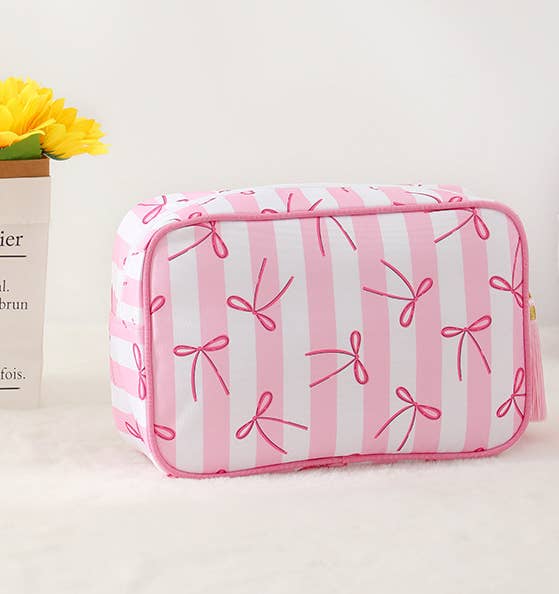 Color-Blocked Striped Pouch Bow Tassel Zipper Makeup Bag