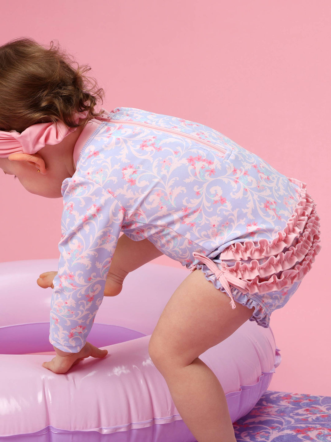 Baby Girls Lavender Floral Princess Long Sleeve One Piece Rash Guard Swimsuit with Signature Rear Ruffles: Purple
