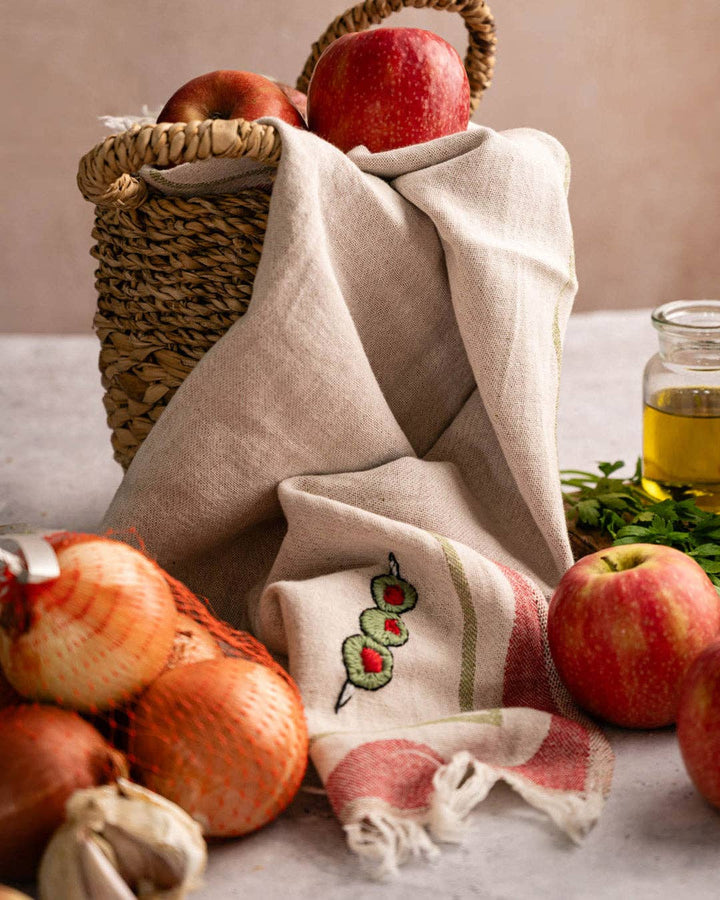 Olive Hand-Stitched Tea Towel Set