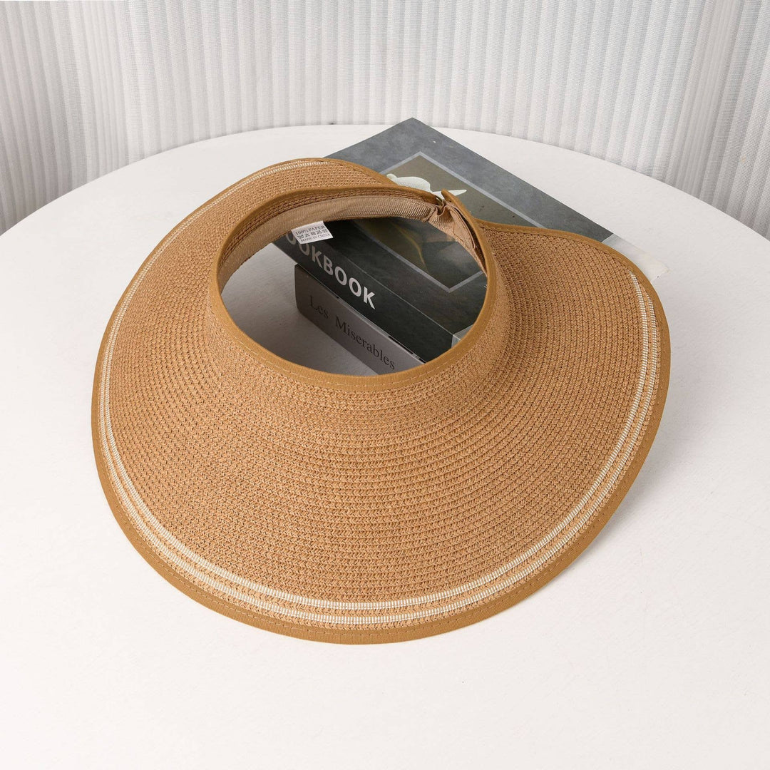 Foldable Striped Trim Wide Brim Straw Sun Visor