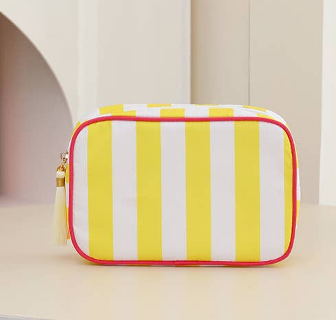 Color-Blocked Striped Pouch Bow Tassel Zipper Makeup Bag