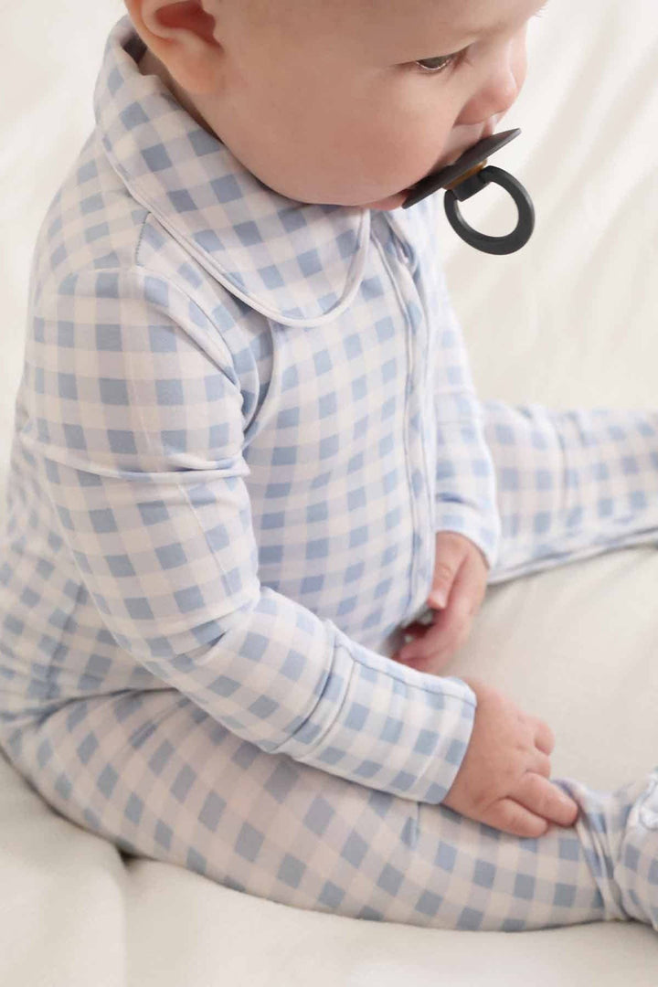 Peter Pan Collar Zipper Footie|Dusty Blue Gingham:6-12 months