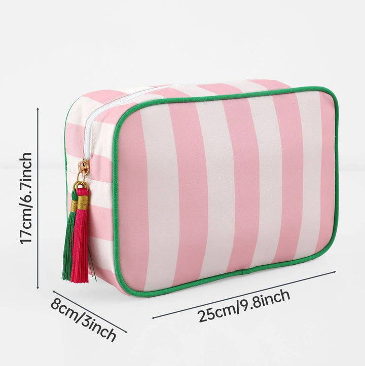 Color-Blocked Striped Pouch Bow Tassel Zipper Makeup Bag