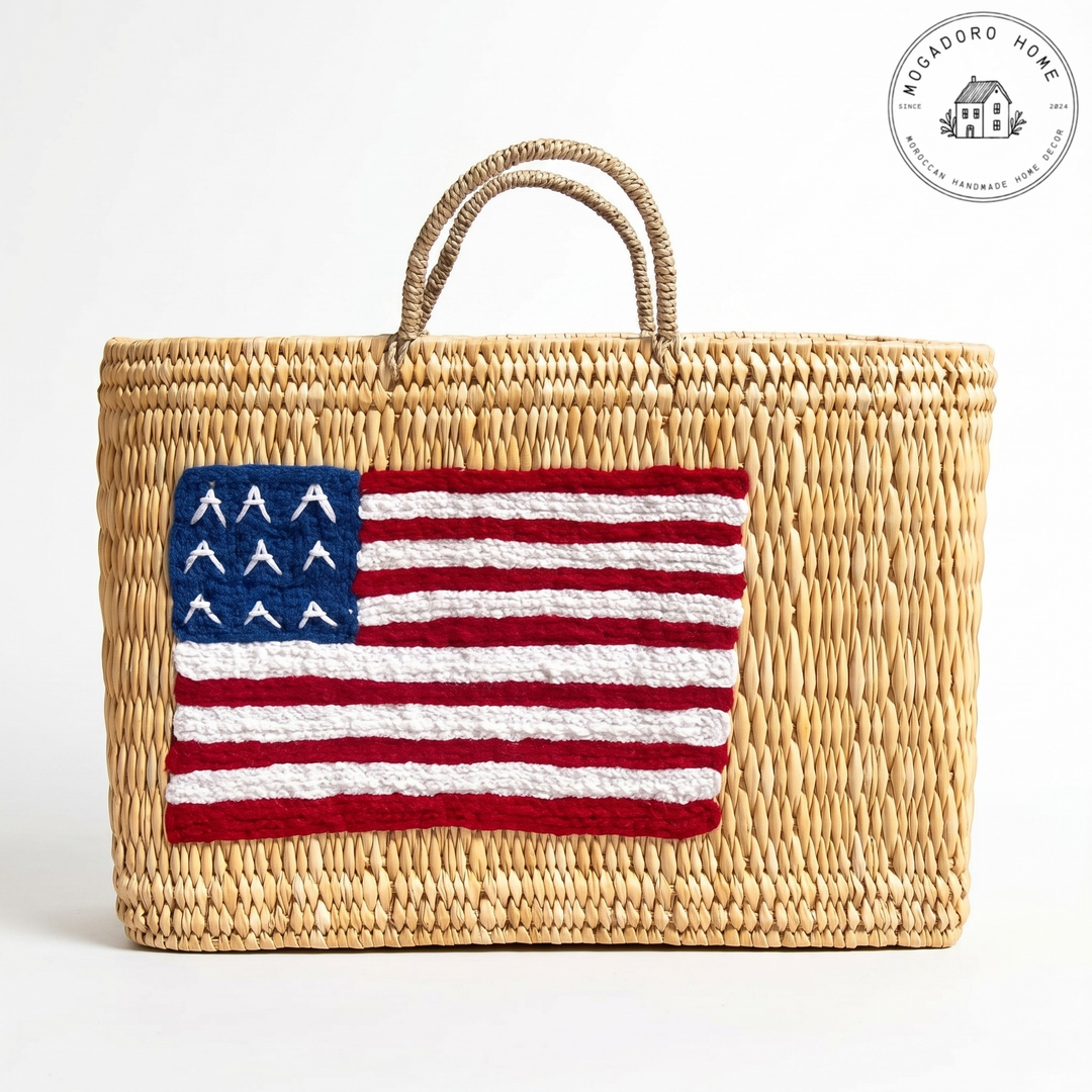 Embroidered Country Flag Rattan Market Basket: USA / Medium