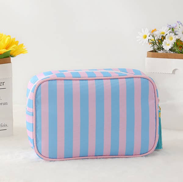 Color-Blocked Striped Pouch Bow Tassel Zipper Makeup Bag