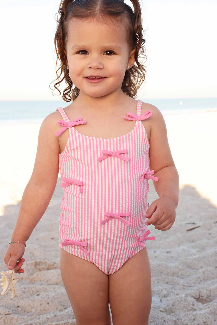 Tiny Bows One Piece | Seersucker Dusty Pink: 4T