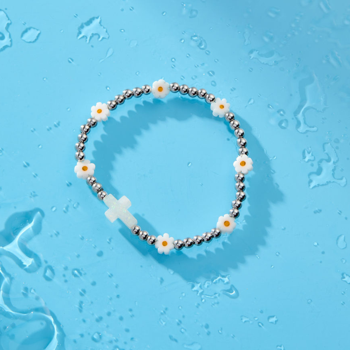 HOLY WATER DAISY CROSS BRACELET: Yellow Gold