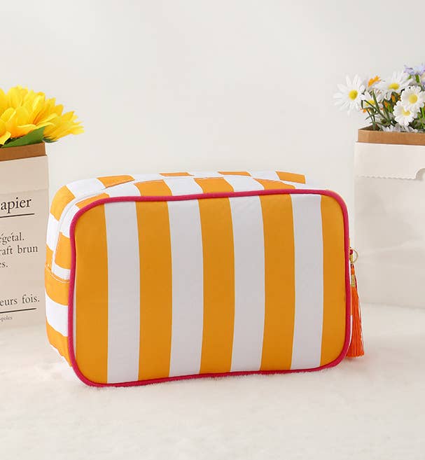 Color-Blocked Striped Pouch Bow Tassel Zipper Makeup Bag