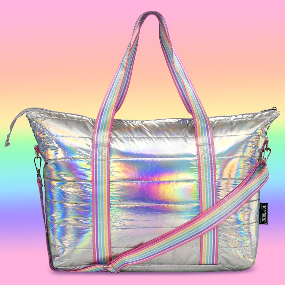 Iridescent Puffer Tote w/Candy Stripe Strap