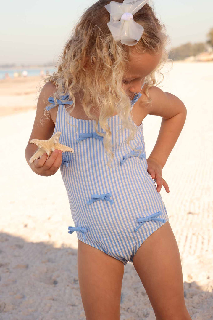 Tiny Bows One Piece | Seersucker Blue: 12-18 months