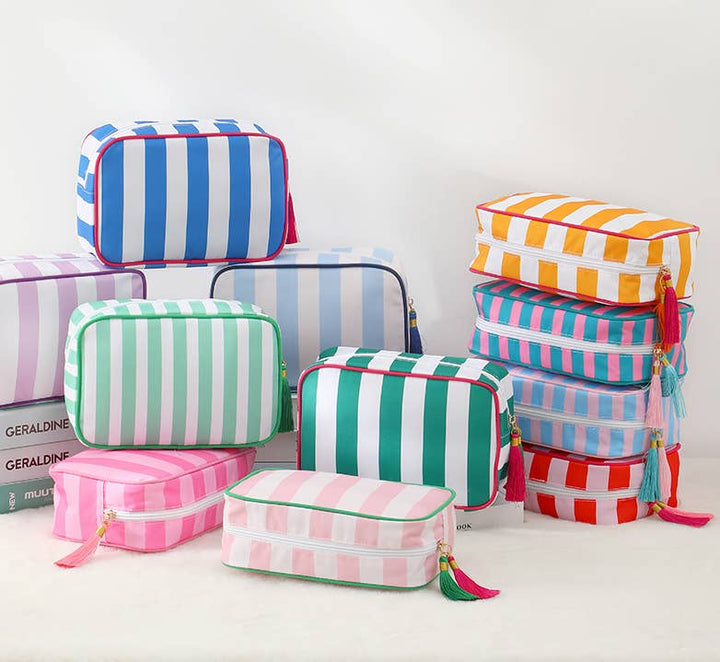 Color-Blocked Striped Pouch Bow Tassel Zipper Makeup Bag