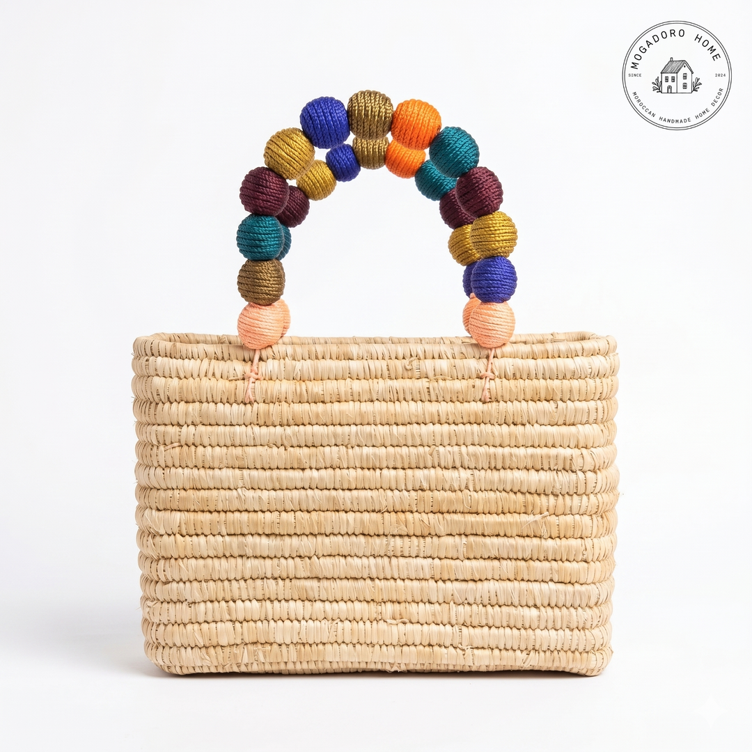 Handcrafted Raffia Bag with Beaded Handle: Multi-Colored