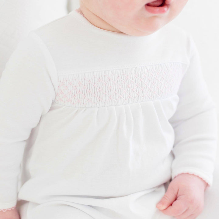 Essentials White with Pink Trim Smocked Footie: 3 Months