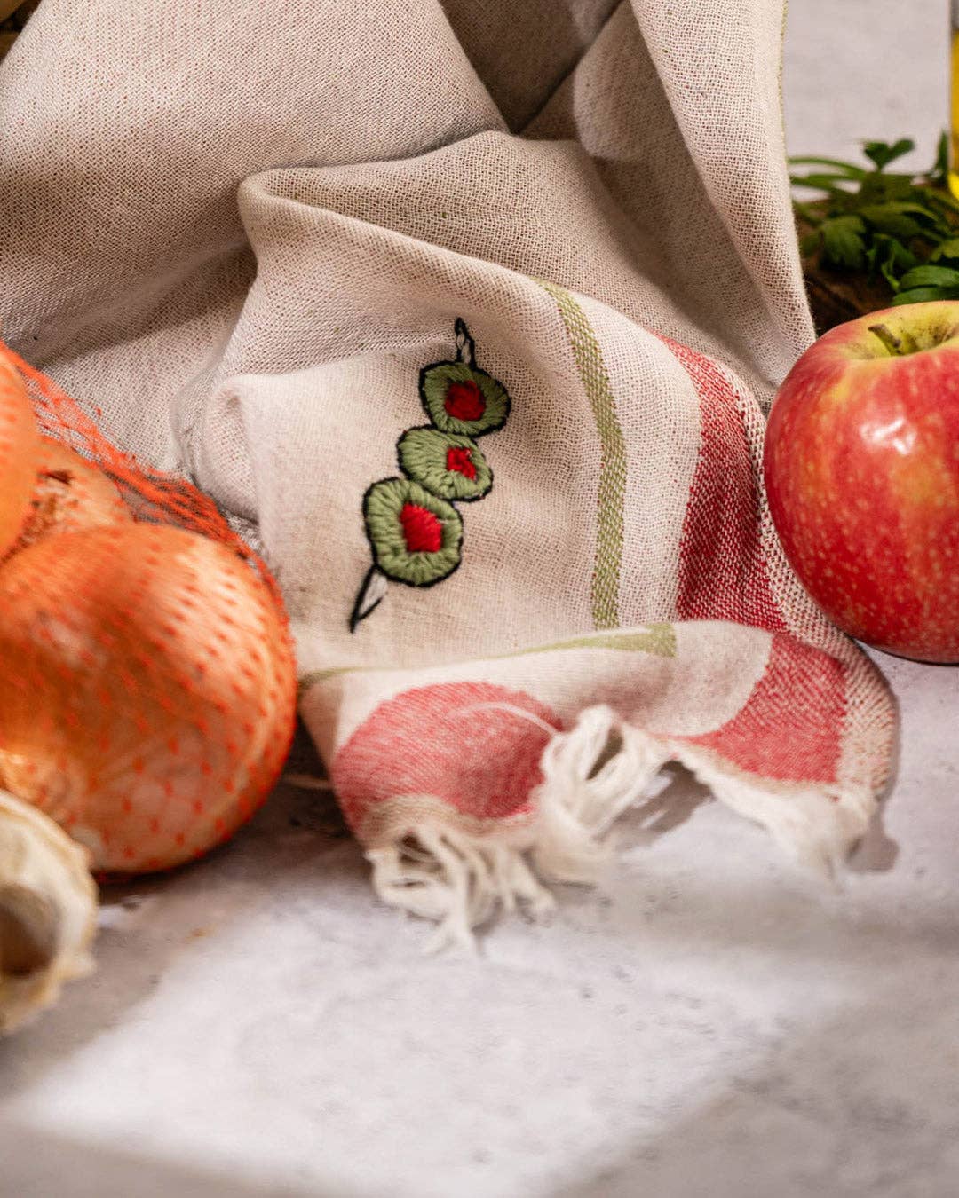 Olive Hand-Stitched Tea Towel Set