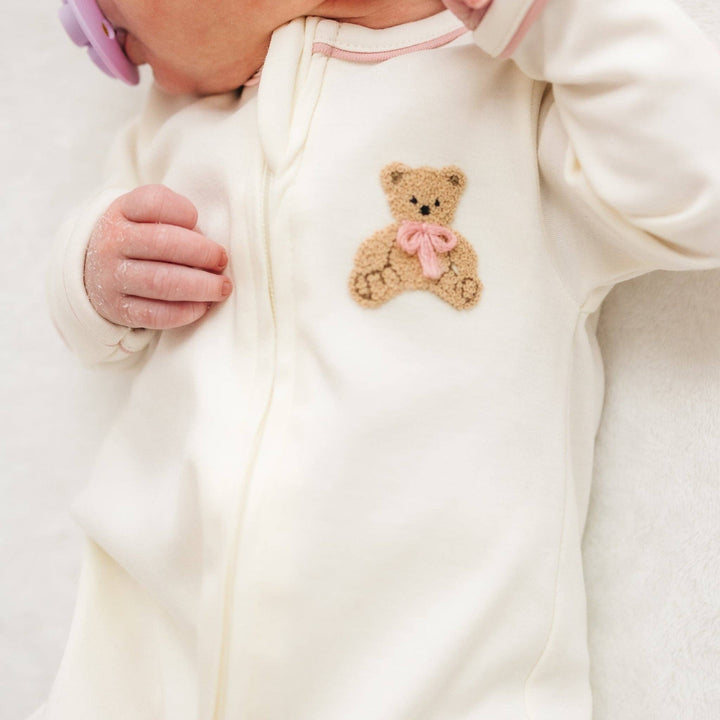 Bear Hugs Zip Footie - Dusty Rose