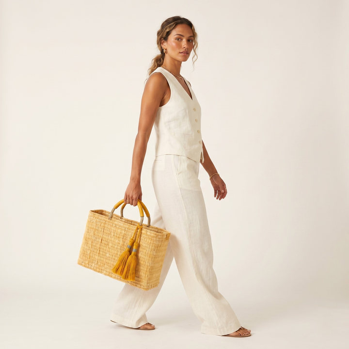 Marhaba Yellow Tassel Basket: Medium