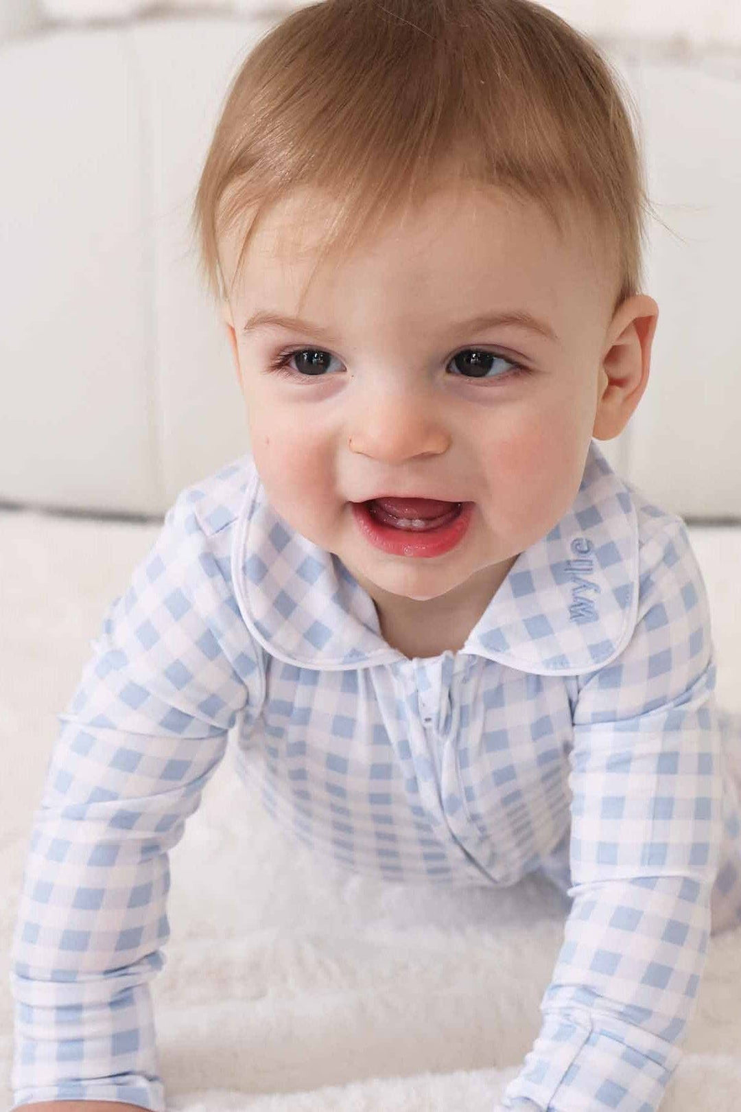 Peter Pan Collar Zipper Footie | Dusty Blue Gingham: