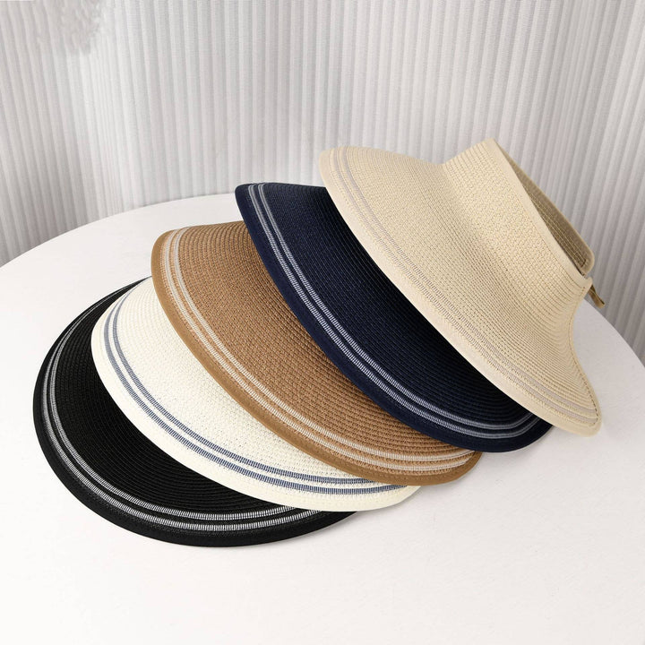 Foldable Striped Trim Wide Brim Straw Sun Visor