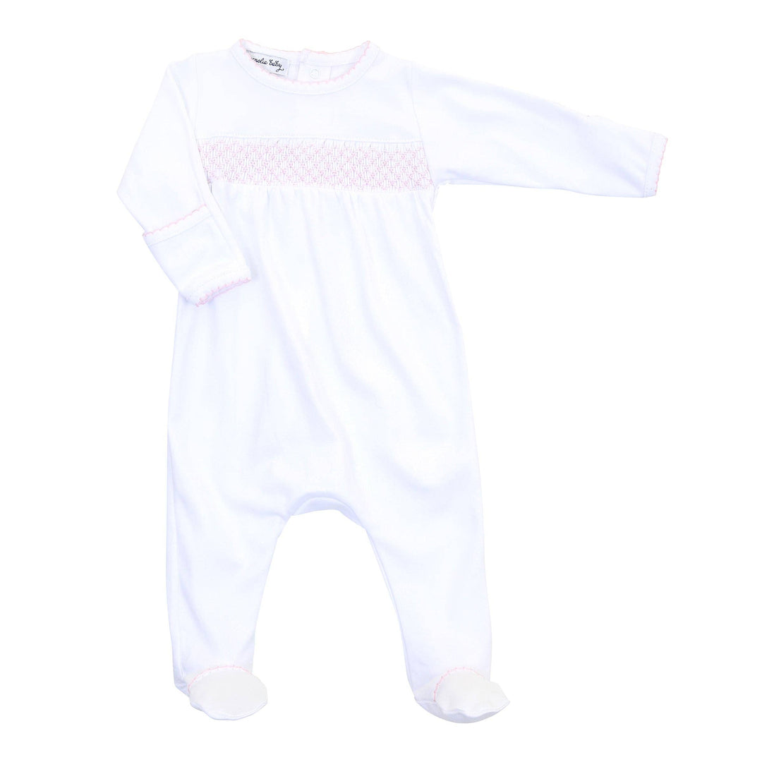 Essentials White with Pink Trim Smocked Footie: 3 Months